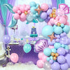 A balloon garland arch set featuring shades of purple, pink, and blue balloons with a mermaid theme.