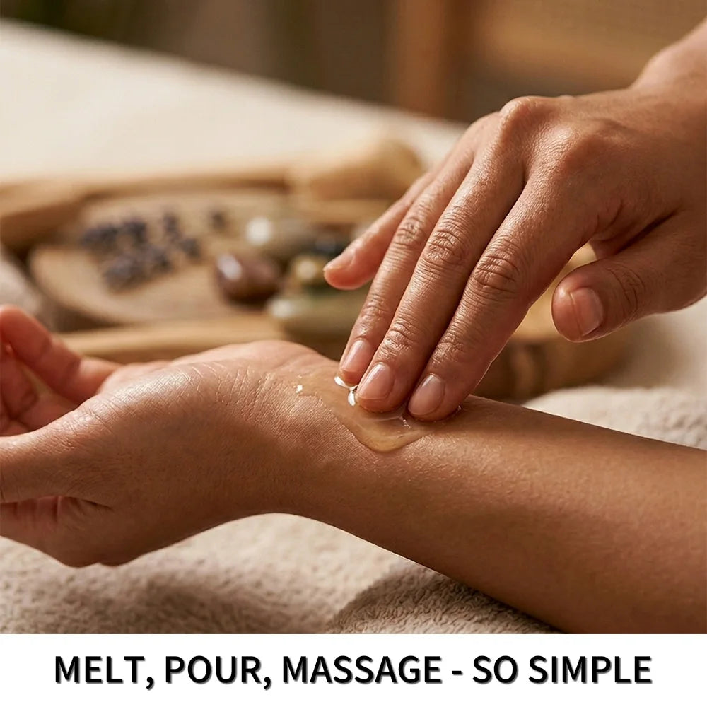 A hand is applying a clear oil onto another person's skin for massage, demonstrating the simple melt pour process.