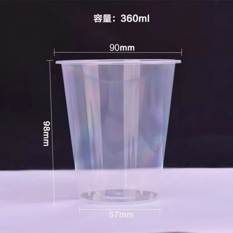 A clear plastic cup with a 360ml capacity and dimensions of 90mm height and 57mm diameter.