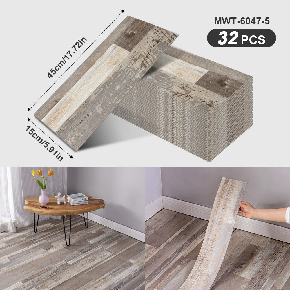 A package of wood grain peel-and-stick floor and wall stickers in various shades of gray and brown.