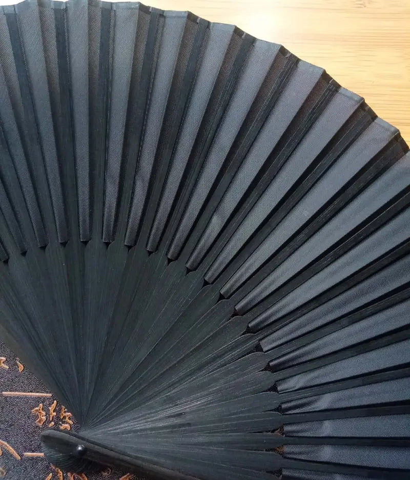 A close-up of a black folding hand fan with fine pleats and a bamboo frame, shown in a fan shape.