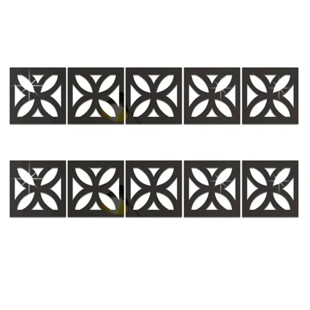 A set of ten black self-adhesive 3D acrylic mirror wall stickers featuring decorative edge and corner trim patterns.