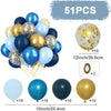 A kit of 51 metallic pearl balloons in various colors including blue, gold, and silver, with confetti accents.