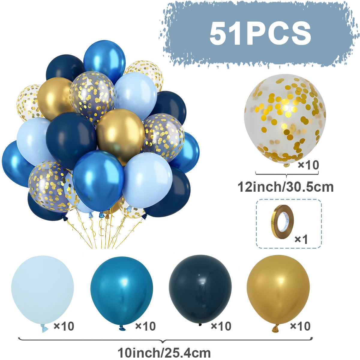 A kit of 51 metallic pearl balloons in various colors including blue, gold, and silver, with confetti accents.
