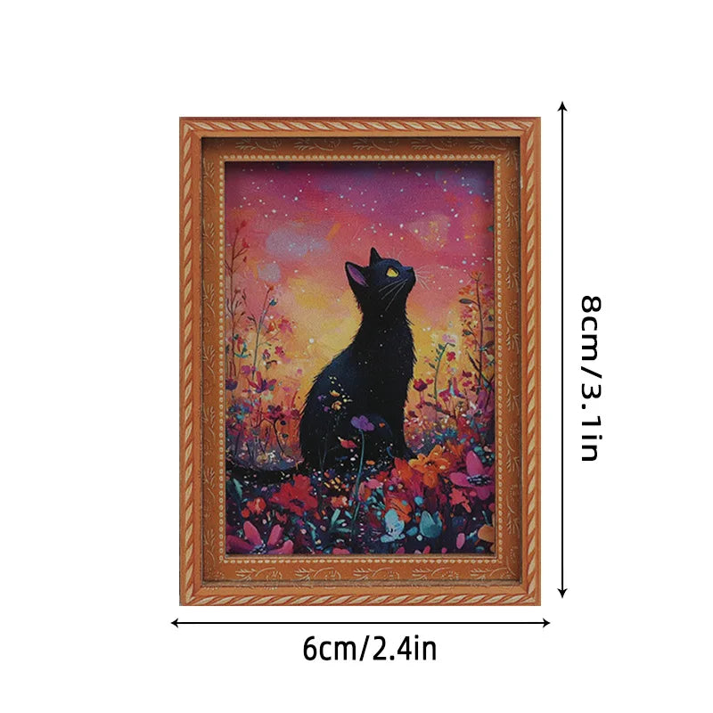 A framed painting featuring a black cat against a vibrant, colorful floral background.