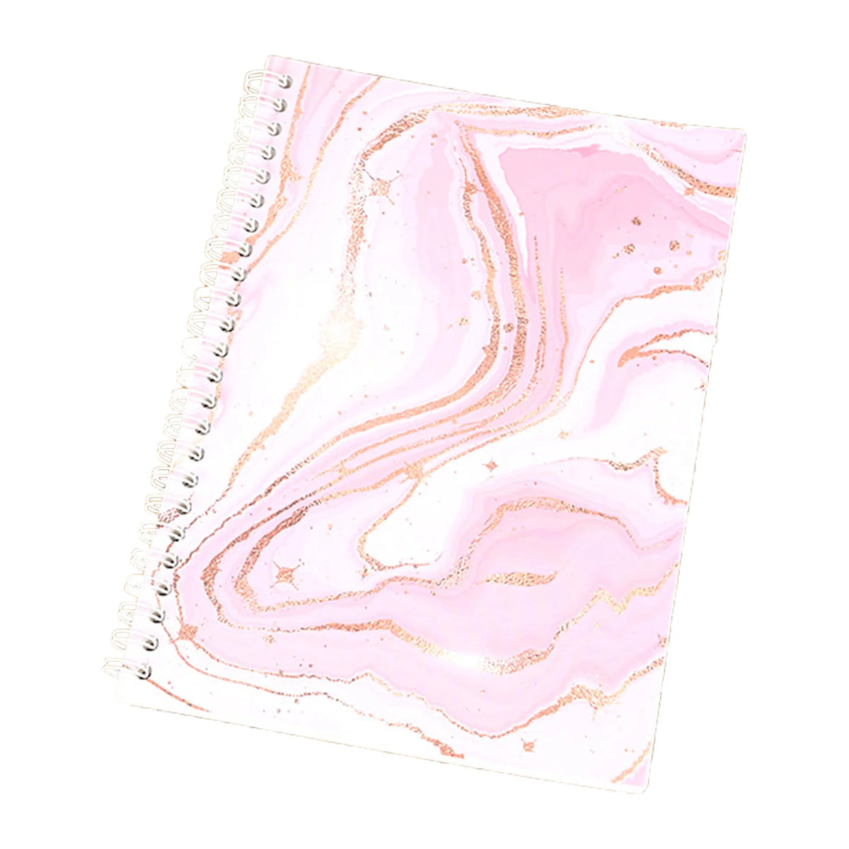 A page from a reusable sticker collecting album featuring pink and gold marbled paper.