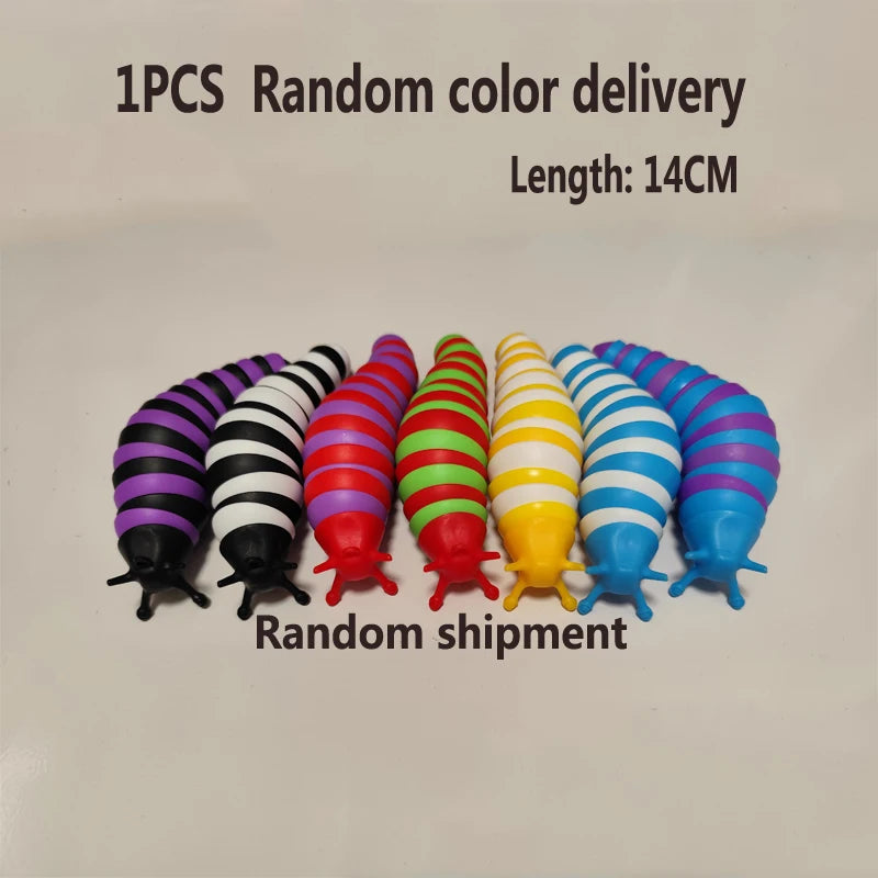 A collection of 14cm long, colorful, striped fidget slug toys in various colors laid out on a white background.