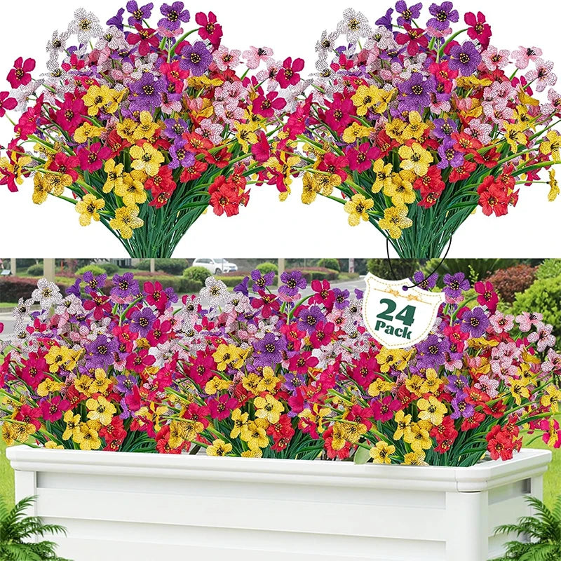 A large bouquet of mixed artificial flowers in vibrant pink, purple, yellow, and red colors.