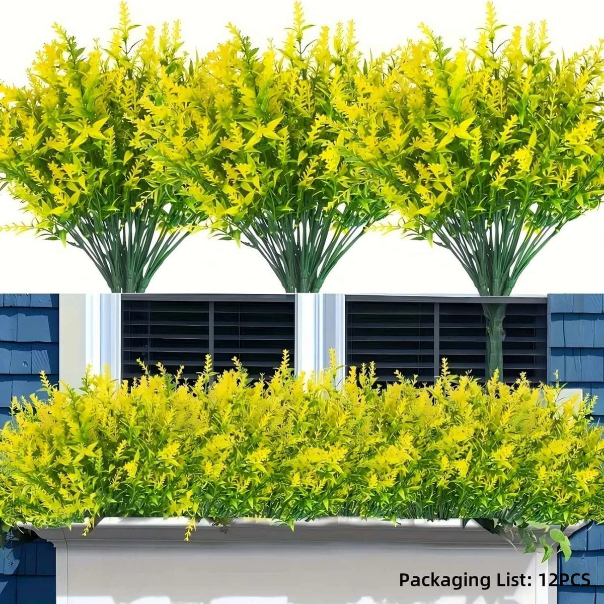 Three artificial lavender plants in yellow bloom displayed against a modern building facade.