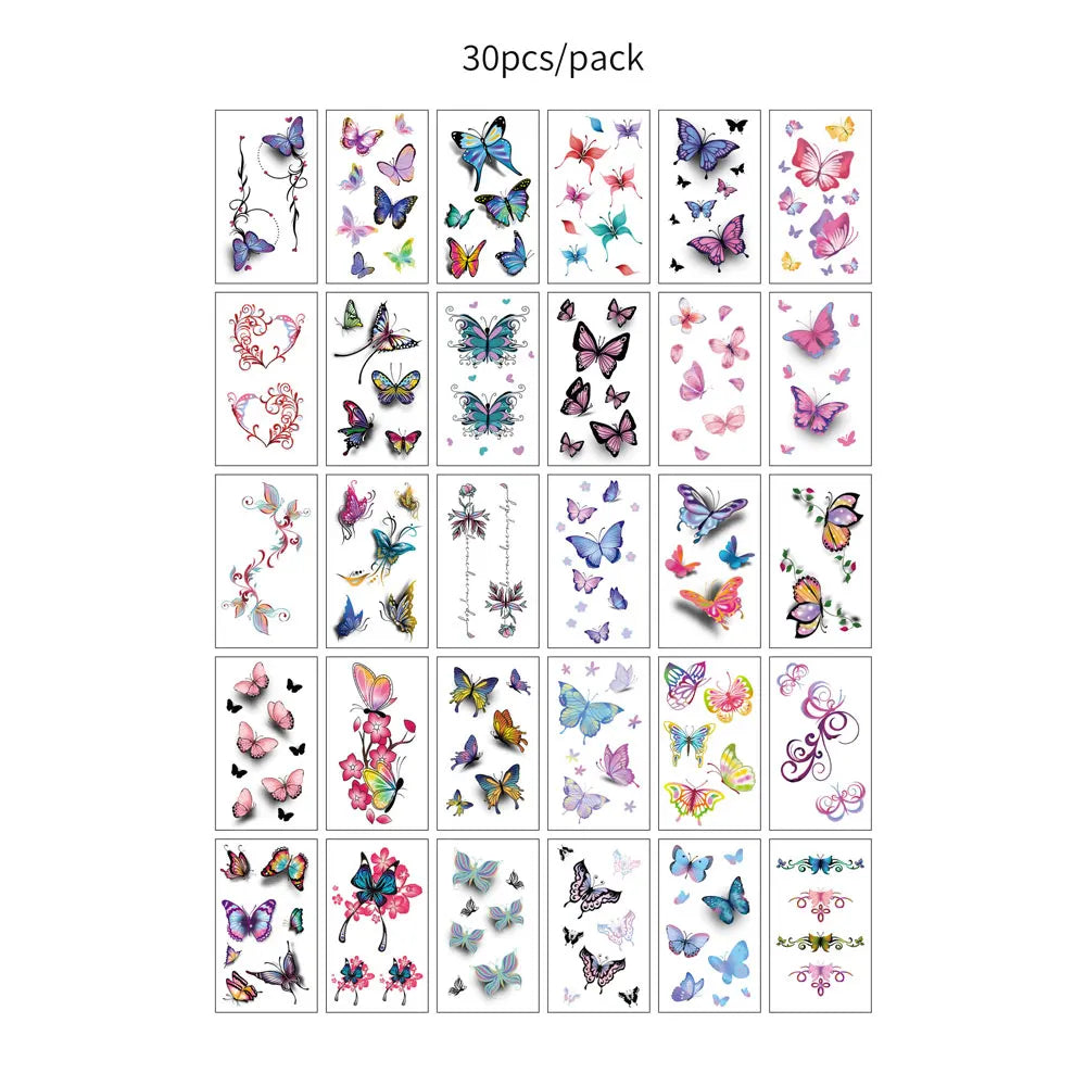 A grid of 30 sheets of realistic black butterfly temporary tattoos in various colors and designs.