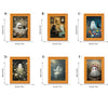 Four variations of a ghost Halloween fridge magnet displayed in retro photo frames with floral backgrounds.