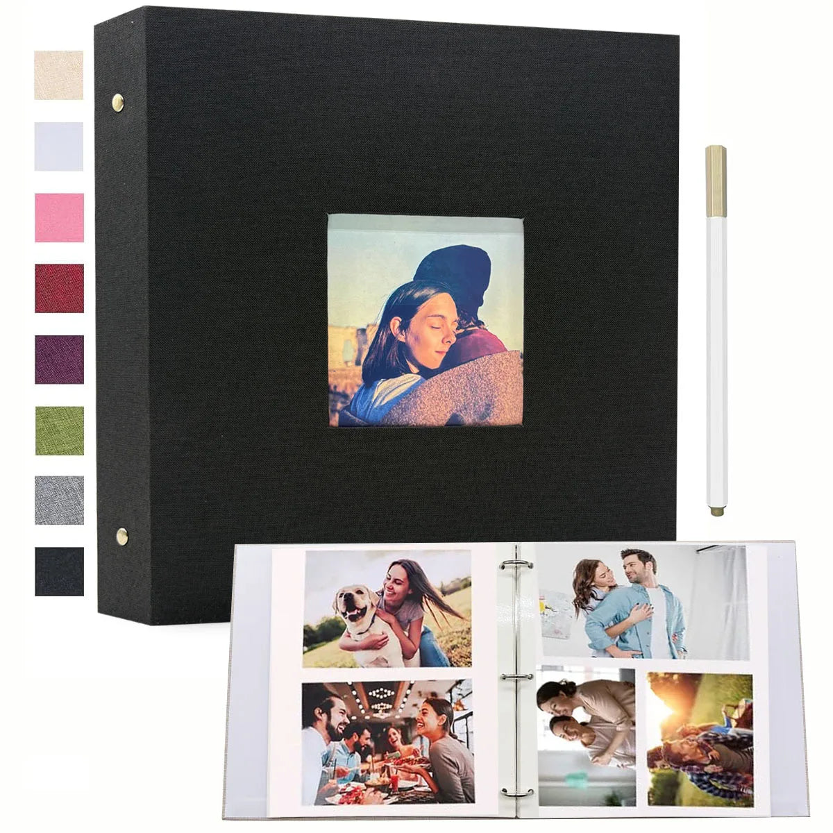 A black linen 3-ring scrapbook album with a photo insert featuring a woman's portrait.
