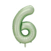 A large, light green foil number six balloon shaped like the numeral 6.