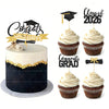 A set of black and gold glitter graduation cake toppers featuring a topper with a mortarboard and text, and several cupcake t
