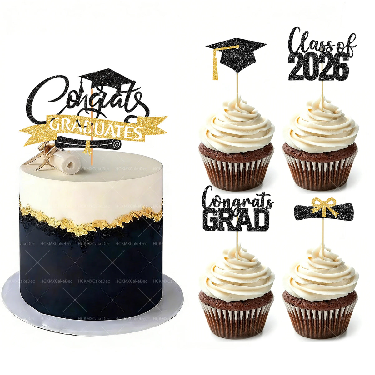 A set of black and gold glitter graduation cake toppers featuring a topper with a mortarboard and text, and several cupcake t