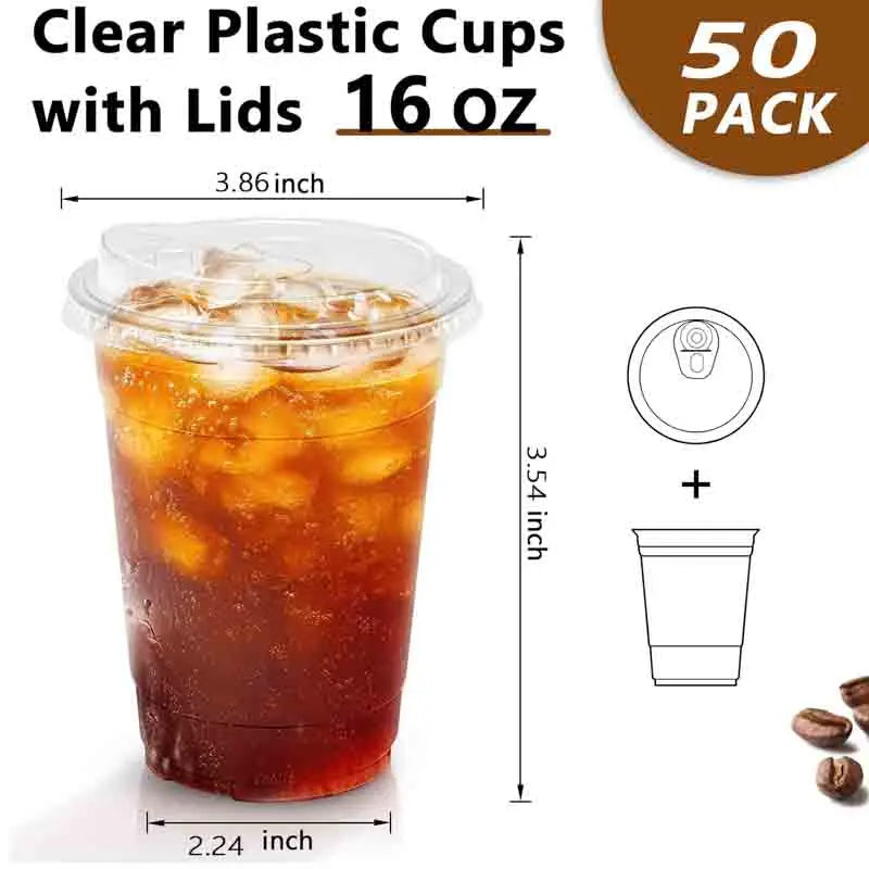 A package of 50 clear plastic cups with lids, each holding 16 oz, shown next to a single cup.