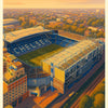 A vintage poster featuring the Chelsea stadium and Stamford Bridge under an orange sky.