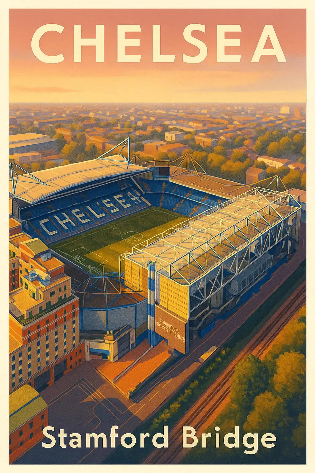 A vintage poster featuring the Chelsea stadium and Stamford Bridge under an orange sky.