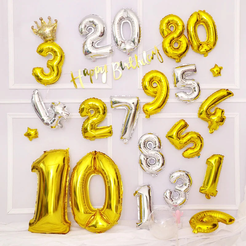 A collection of rose gold and silver gradient foil balloons forming the number 30, including individual numbers like 2, 8, 5,