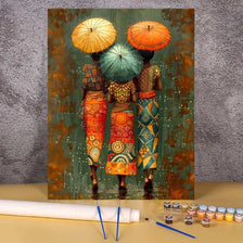 A painting by numbers kit depicting an African woman with a vibrant orange hat and traditional attire.