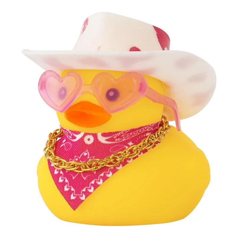 A yellow rubber duck shaped like a cowboy wearing a pink and white patterned hat.