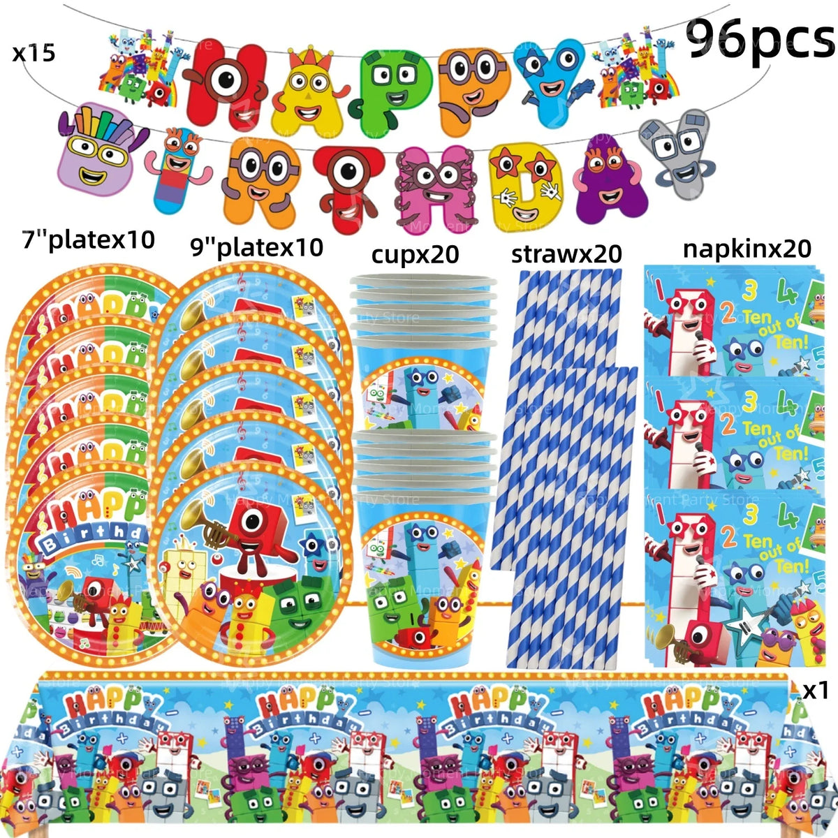 A colorful banner featuring cartoon characters and a set of 9 plates, cups, and straws for a birthday party decoration set.