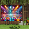 A vibrant disco dance floor backdrop banner featuring a reflective grid and glowing lights against a dark background.