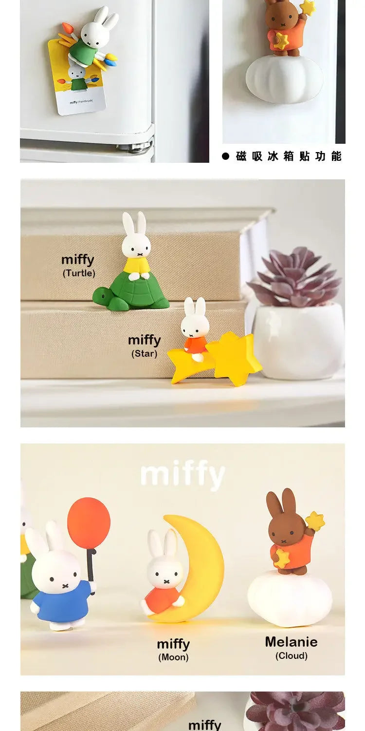 A collection of Miffy and friends characters including a white rabbit, a brown bear, and a yellow star, displayed in various 
