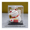 A white ceramic figurine of a cat with red accents is displayed inside a clear box.