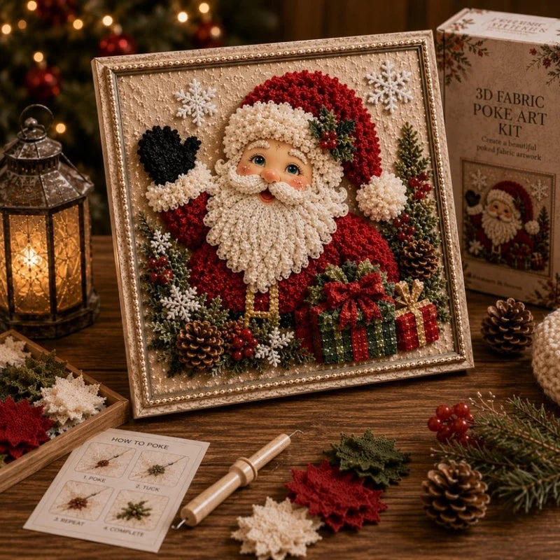A framed 3D fabric poke art kit featuring a Santa figure and winter forest scene with pinecones and greenery.