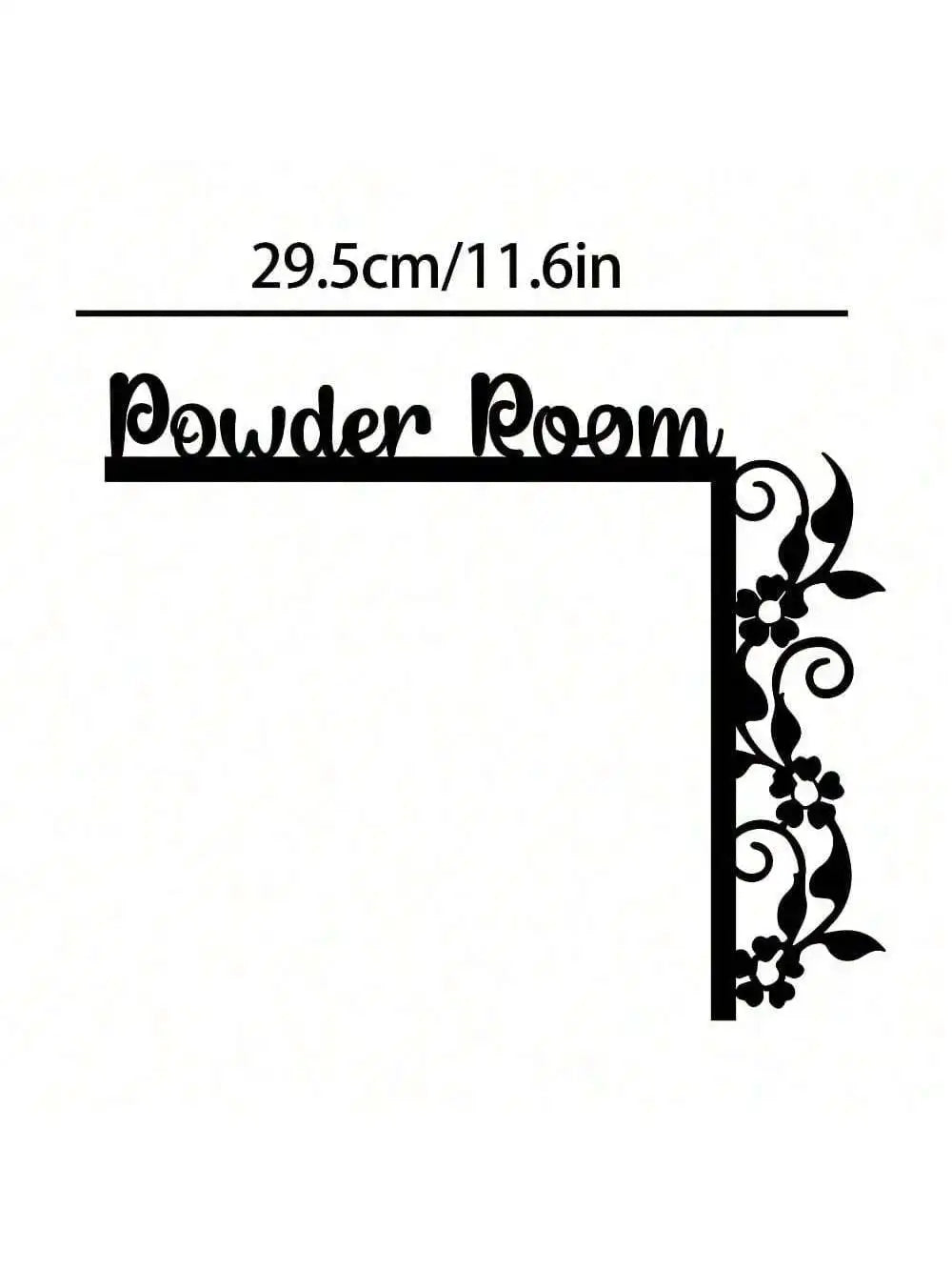 Black metal wall decor featuring a decorative floral design and the text Powder Room.