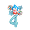 Blue balloon shaped like the number 4 with circus theme decorations and star balloons