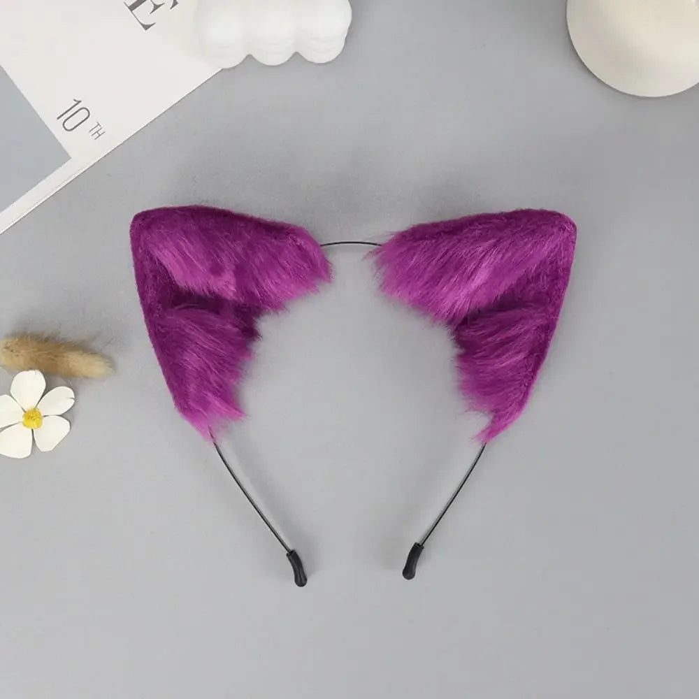 Purple plush fox ears headband with black nose bridge and dangling ears