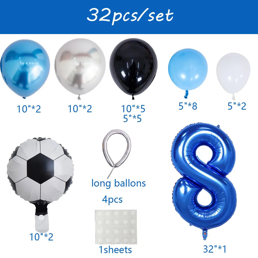 A set of 32 football number balloons including various sizes and shapes like spheres, hearts, and an eight balloon.