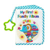 A square cloth album with a blue and white striped border featuring a colorful illustration of a sun and family elements.