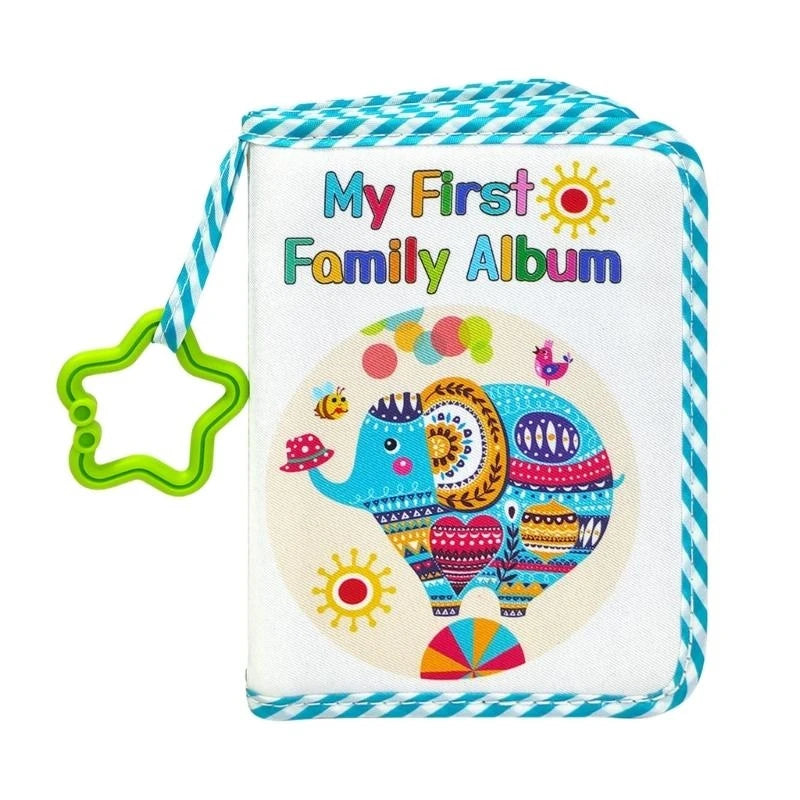 A square cloth album with a blue and white striped border featuring a colorful illustration of a sun and family elements.