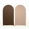 A pair of stretchable arch backdrop covers in dark brown and light beige.