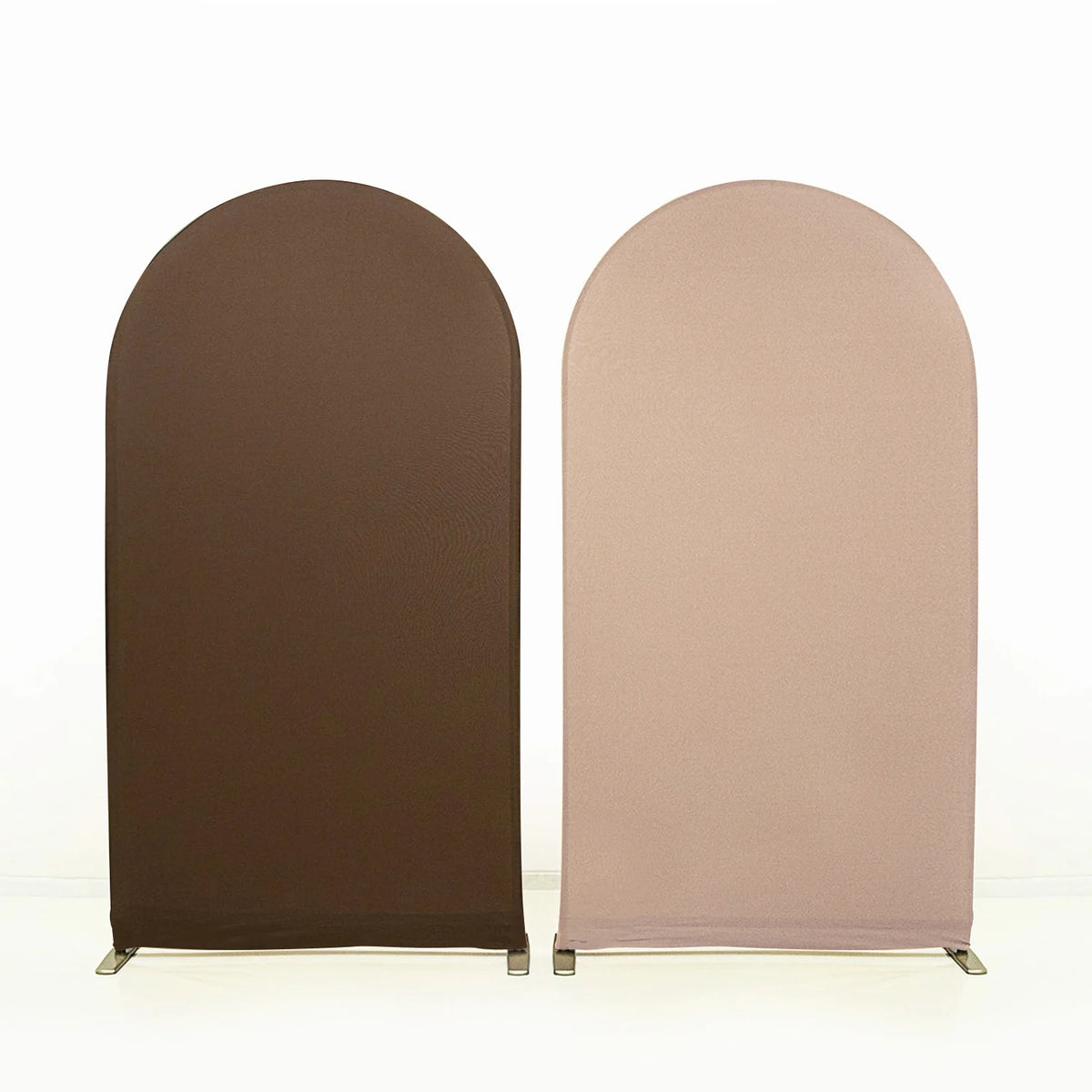 A pair of stretchable arch backdrop covers in dark brown and light beige.