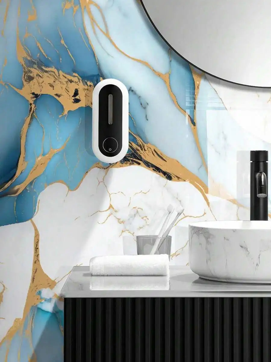 A modern bathroom or kitchen wall featuring blue marble texture with gold veining and a black sensor light fixture.