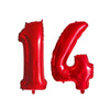 Red helium foil number balloons shaped like the numbers 1 and 4