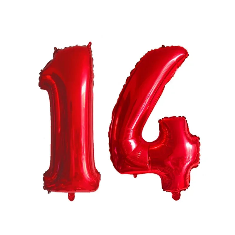 Red helium foil number balloons shaped like the numbers 1 and 4