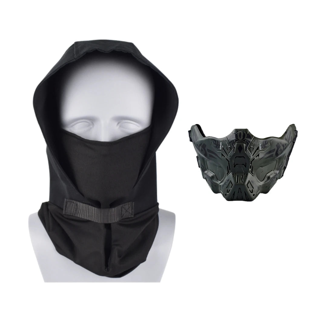 Black tactical silicone half-face mask displayed on a mannequin head.