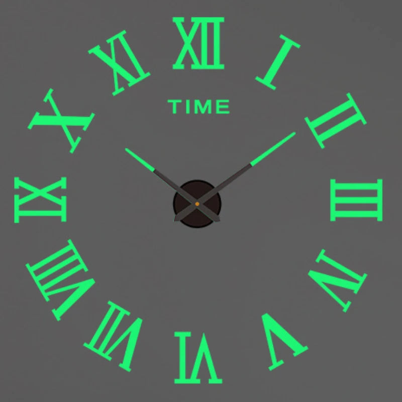 A gray wall clock face with green Roman numerals and black hands.
