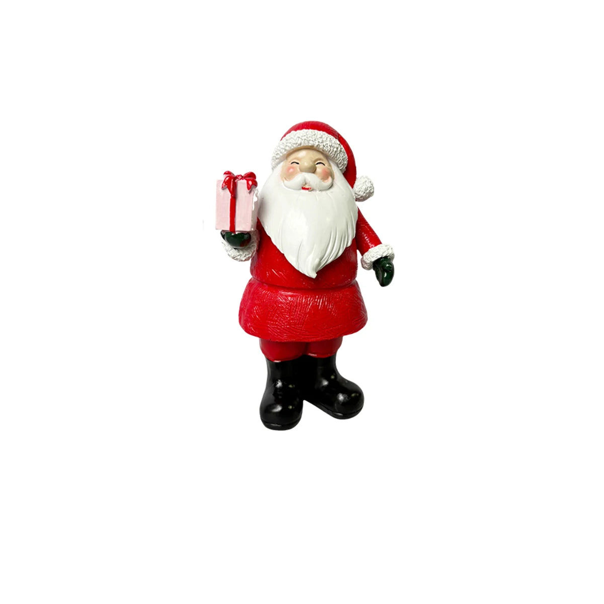 Adorno de Santa Claus de resina con barba blanca, traje rojo y botas negras.