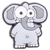 A gray cartoon elephant charm with large eyes and a small white body, set in a clear plastic mold.