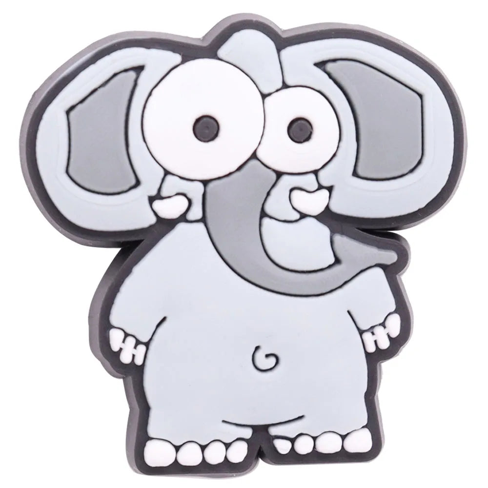 A gray cartoon elephant charm with large eyes and a small white body, set in a clear plastic mold.