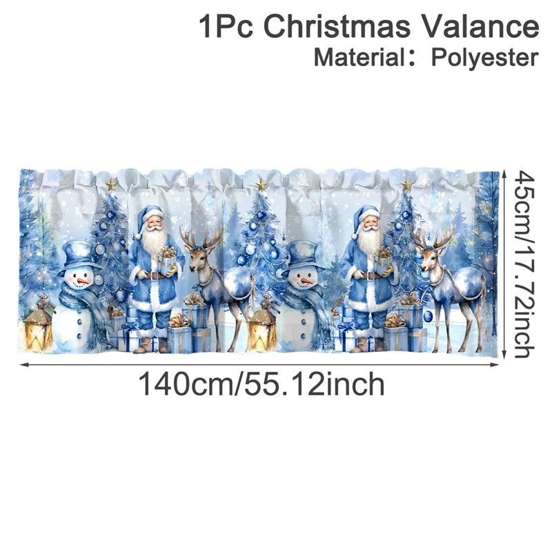Festive Christmas valance made of polyester featuring Santa figures and winter scenes.