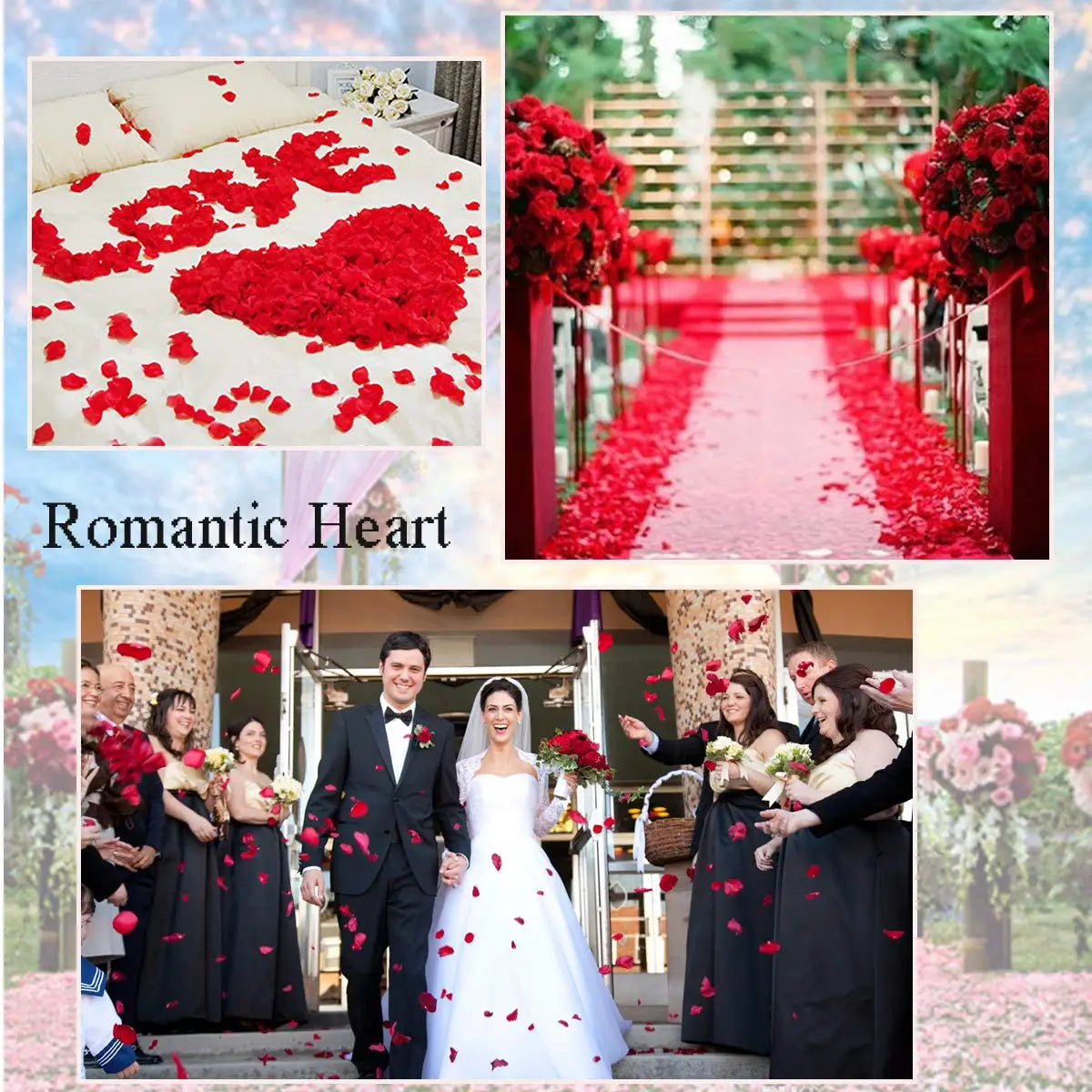 A collage featuring romantic heart-shaped petals and a couple in wedding attire surrounded by red flowers.