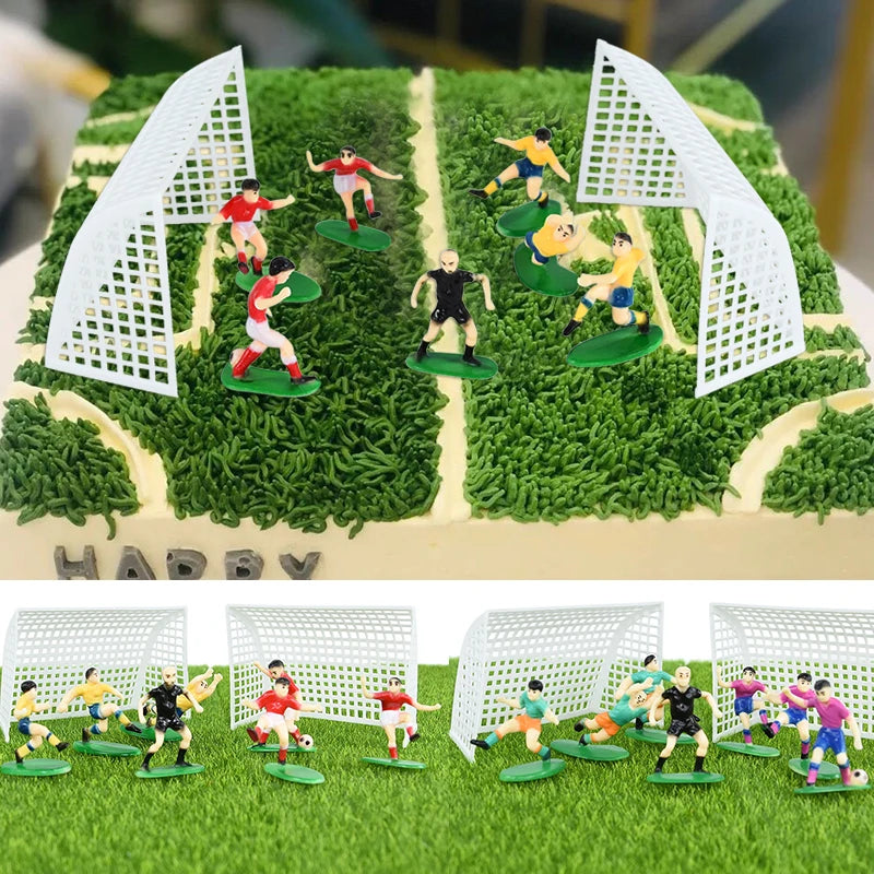 Football birthday cake toppers featuring soccer players and field decor on a green cake surface