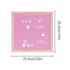 Pink felt letter board with white text and stand, measuring 25.4cm by 25.4cm.
